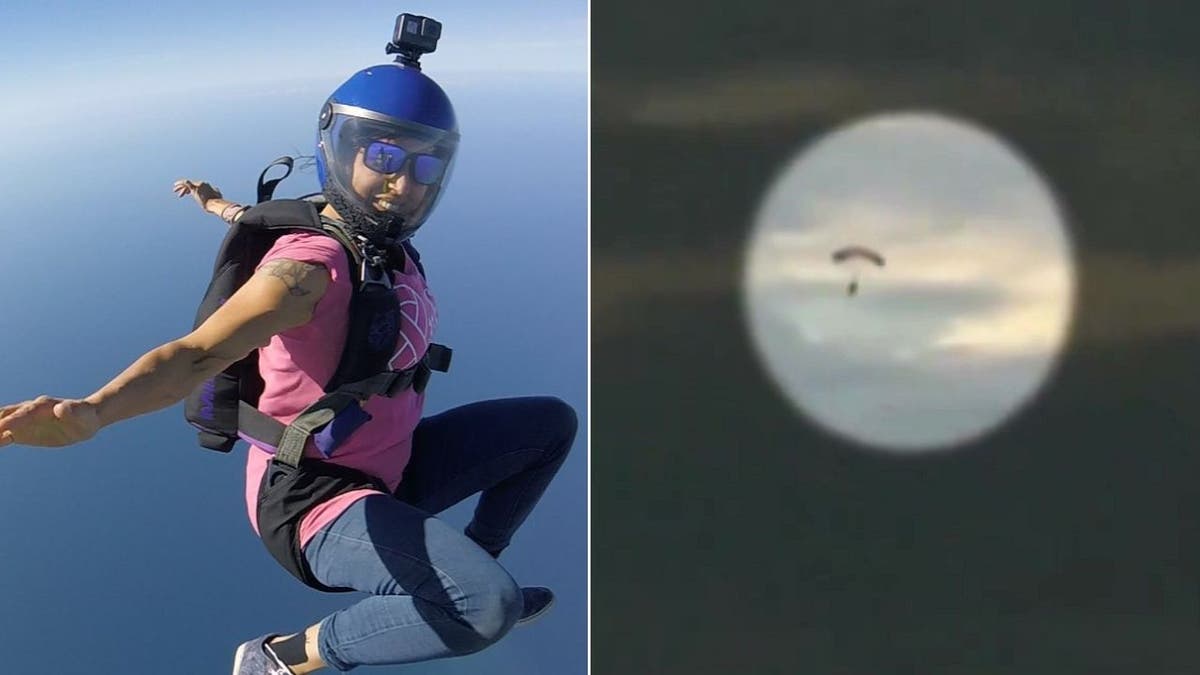 Skydiver Carolina Muñoz Kennedy, left, and video of her fatal diver, right.