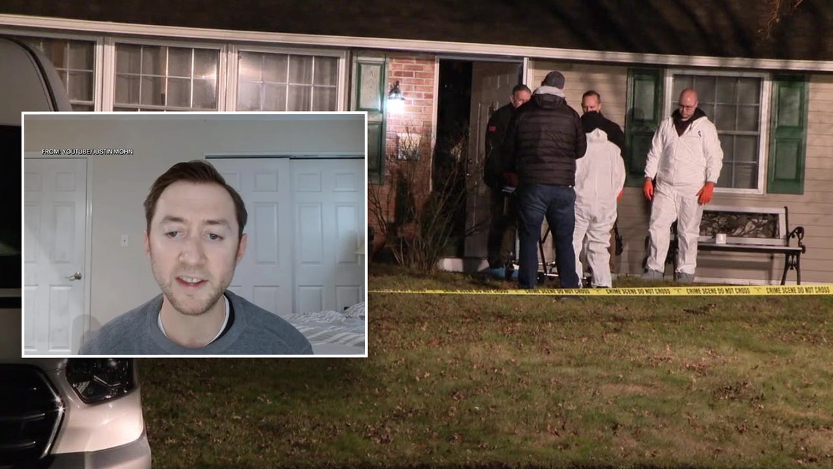 A screenshot of Justin Mohn's YouTube video inserted over a background shot of police at the home