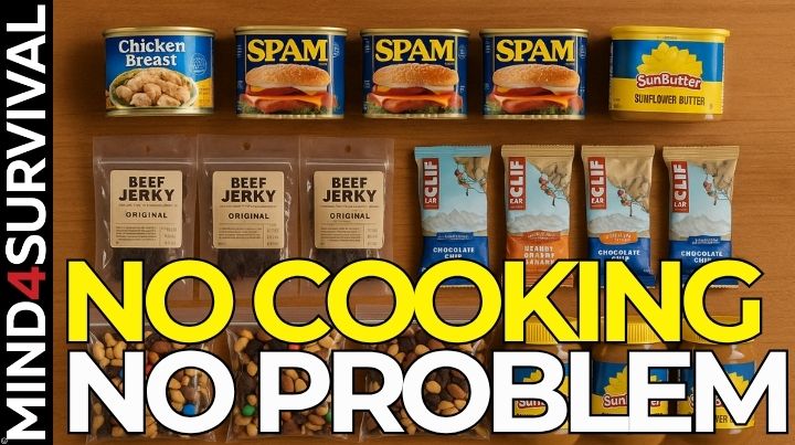 No-cook emergency food items organized for a 14-day survival plan.