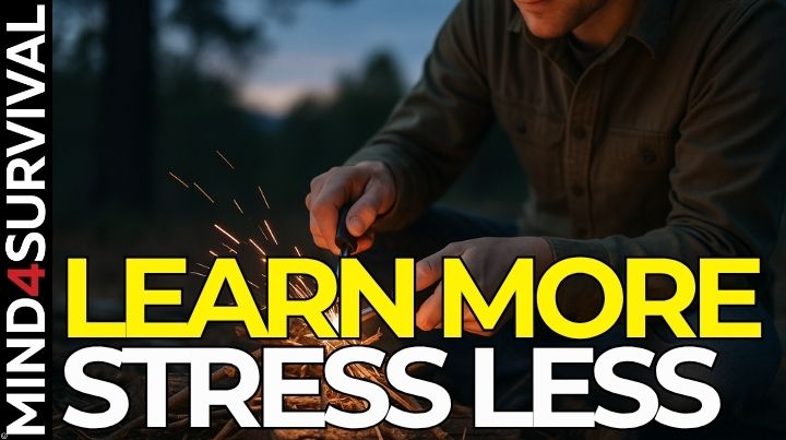 Confident individual starting a fire with a ferro rod in a calm outdoor setting.