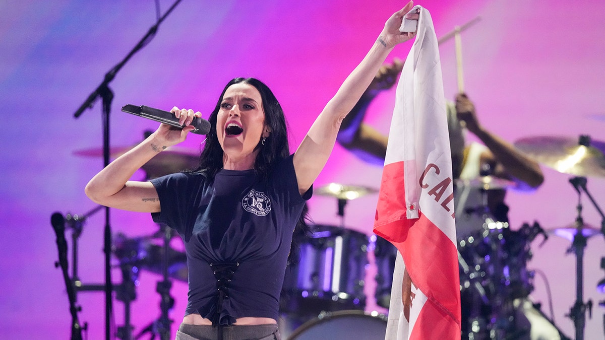 Katy Perry performing at the FireAid benefit concert