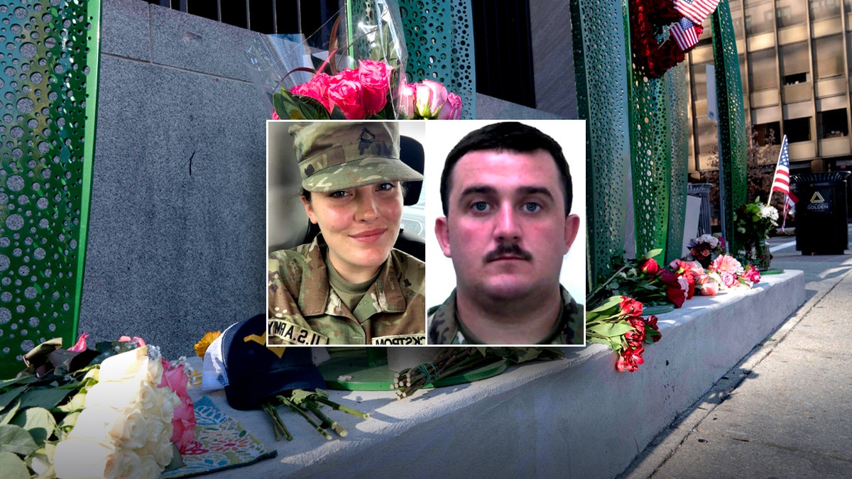 Photos of Sarah Beckstrom and Andrew Wolfe over a photo of a memorial with flowers, American flags and a West Virginia hat.