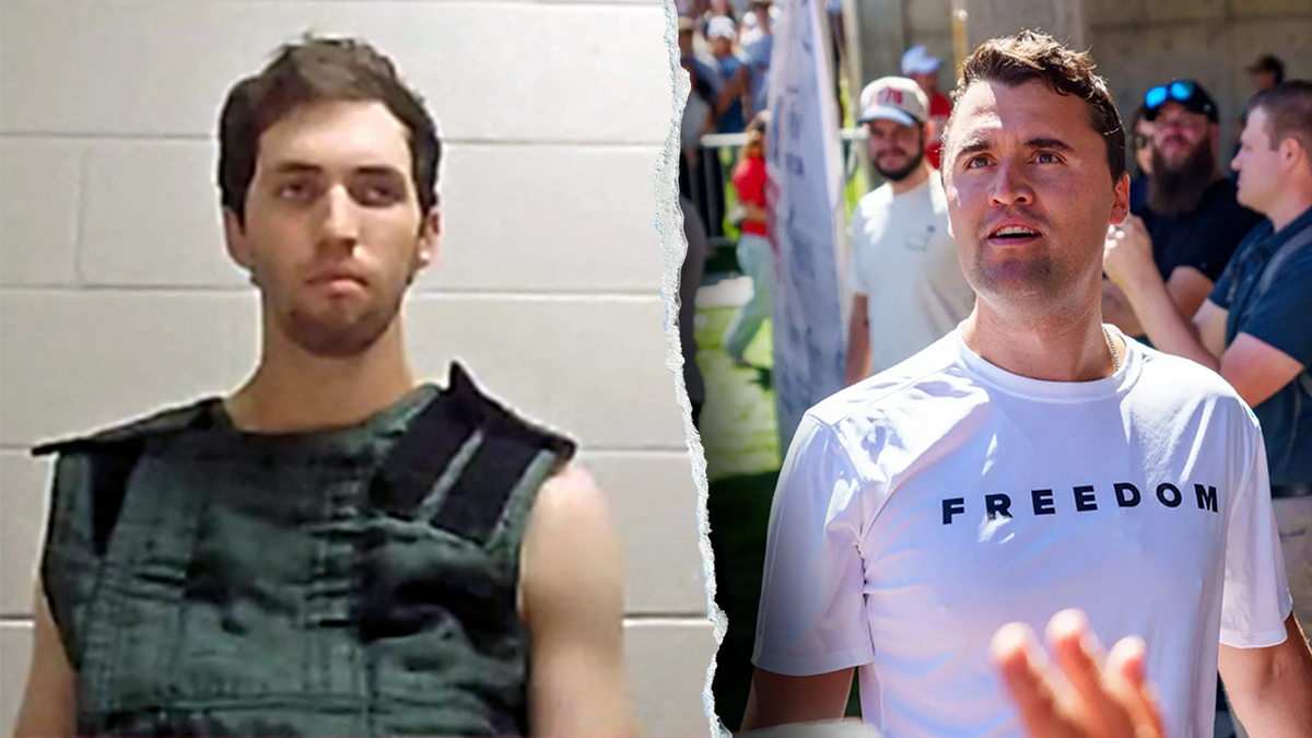 A split image showing Charlie Kirk in a "Freedom" T-Shirt at a UVU campus event and his suspected assassin Tyler Robinson wearing an anti-suicide vest during a court appearance