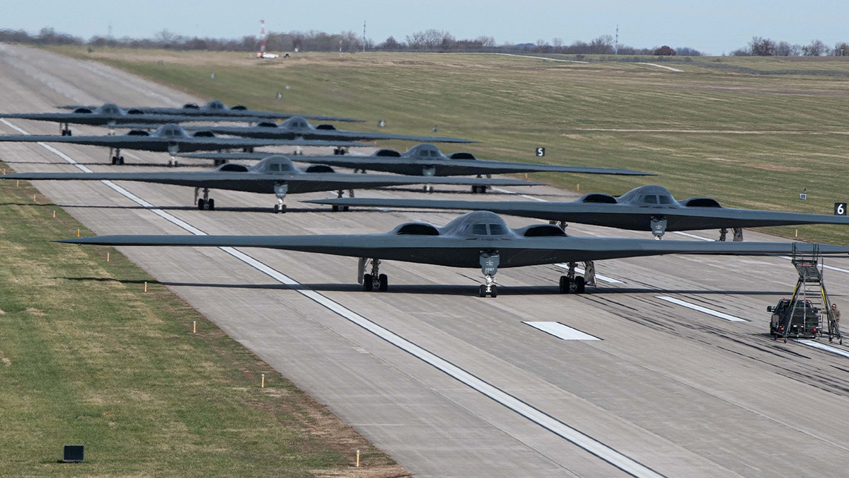 Several B-2 spirit stealth bombers on runway