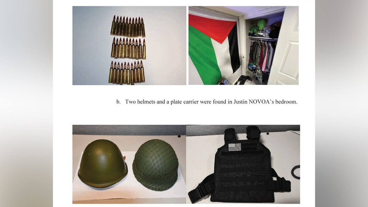 Photos of weapons, two helmets and a plate carrier