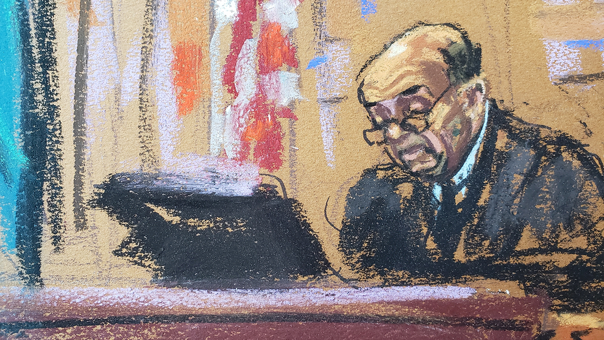 A courtroom sketch showing Judge Hellerstein on the bench