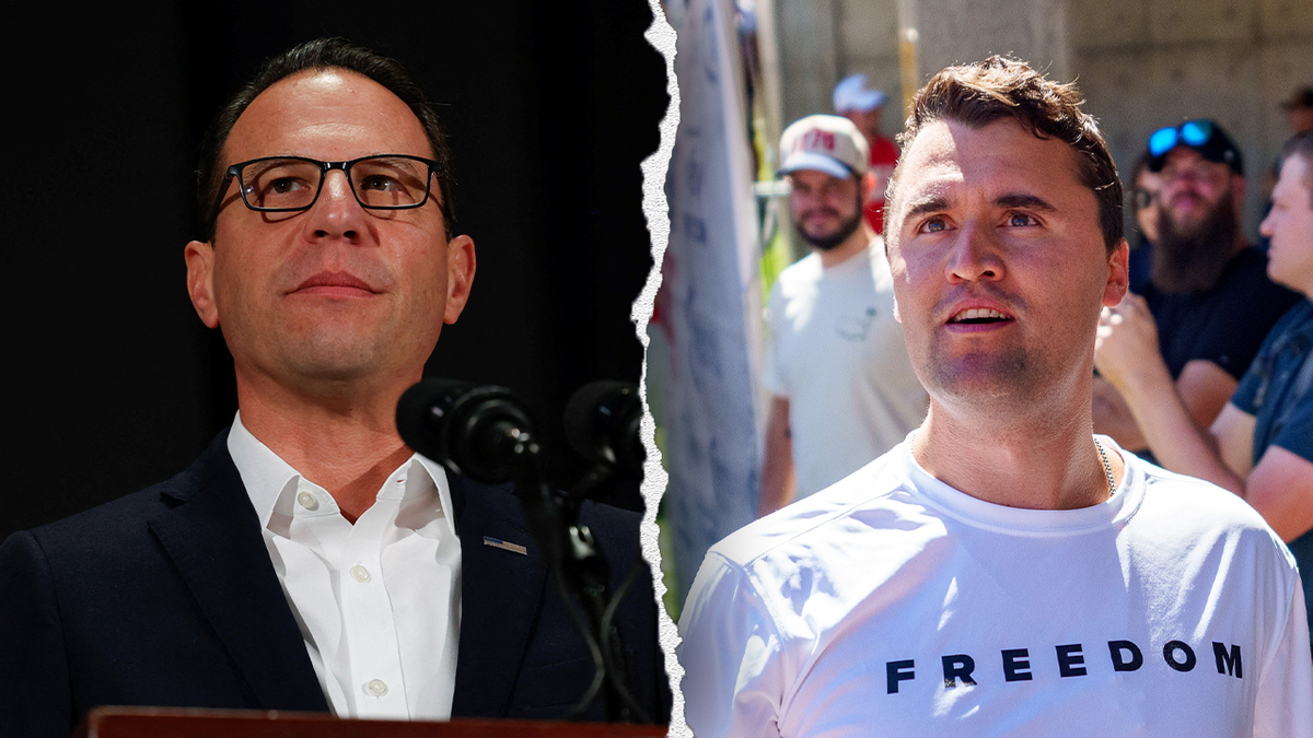 A split image showing PA Gov. Josh Shapiro and slain Turning Point USA founder Charlie Kirk