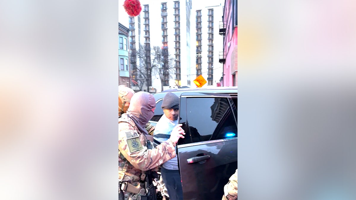 Tomas Espin Tapia put in a car by DHS law enforcement.