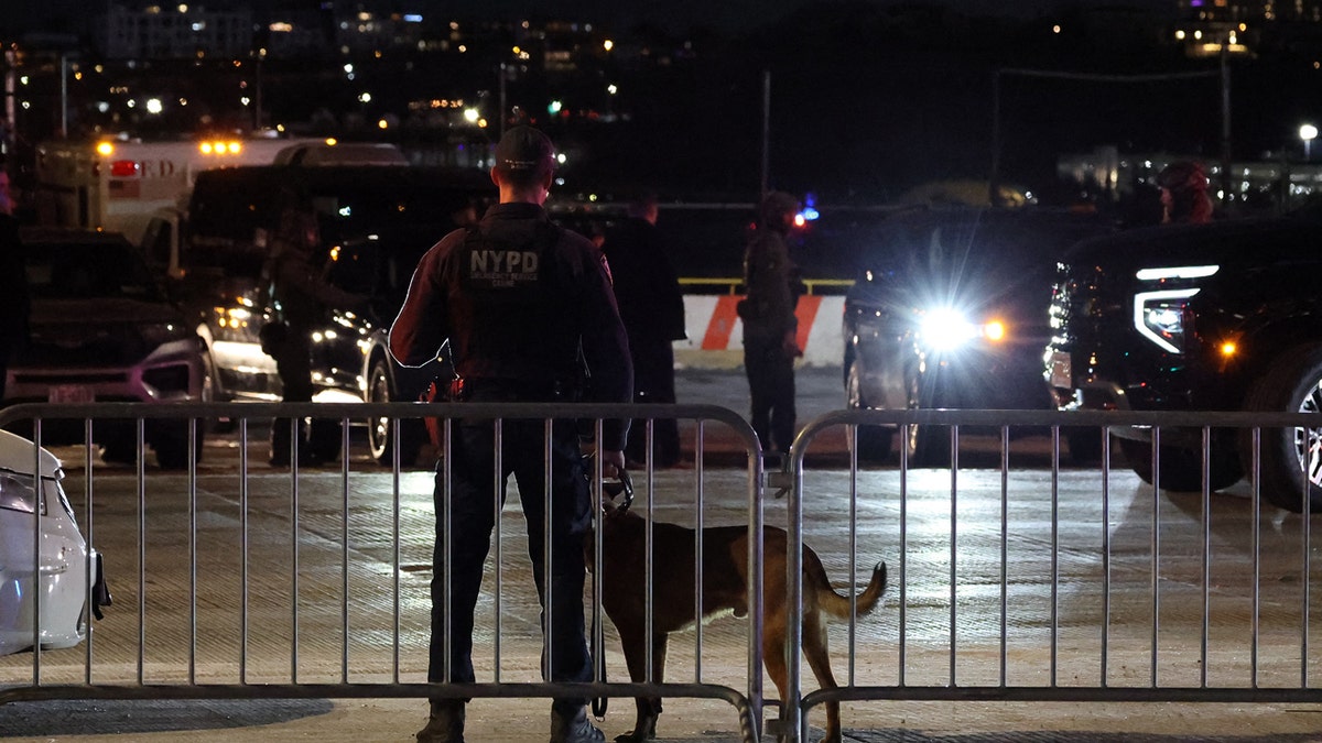 A policeman patrols at the Westside Heliport in New York, on Jan. 3, 2026, ahead of the expected arrival of ousted Venezuelan President Nicolas Maduro. Venezuelan President Nicolas Maduro arrived Saturday evening at a military base in the United States after his capture by US forces in Caracas.