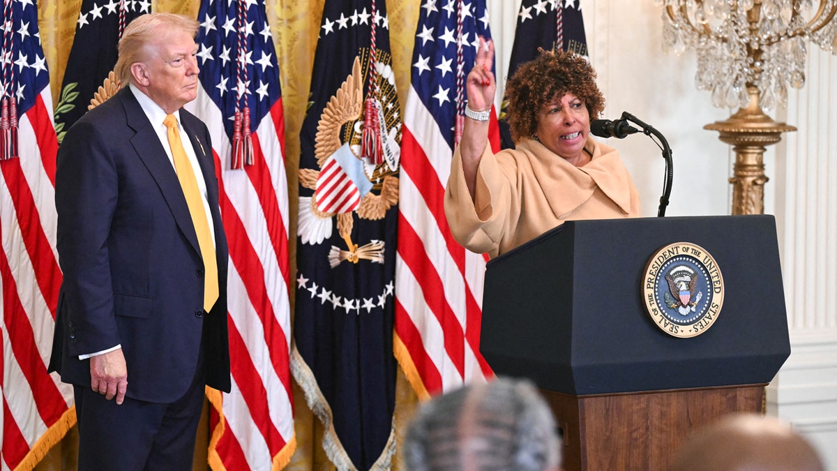Forlesia Cook speaks during a Black History Month celebration at the White House