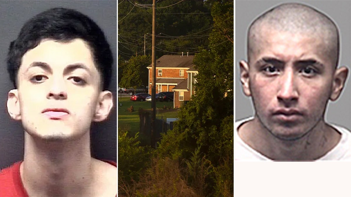 split photo of two mugshots of men and a home in suburban neighborhood.