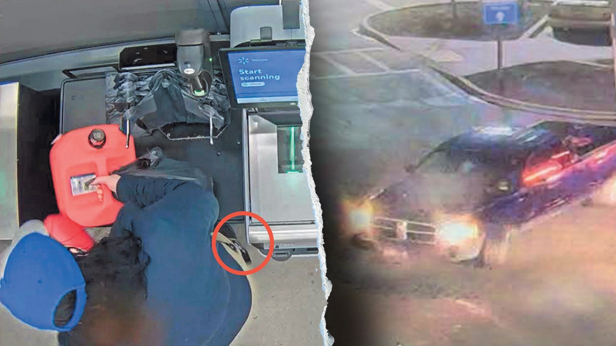 Surveillance image of a woman buying a red gas can at a Walmart self-checkout next to a blue Dodge Dakota pickup truck captured on security video.