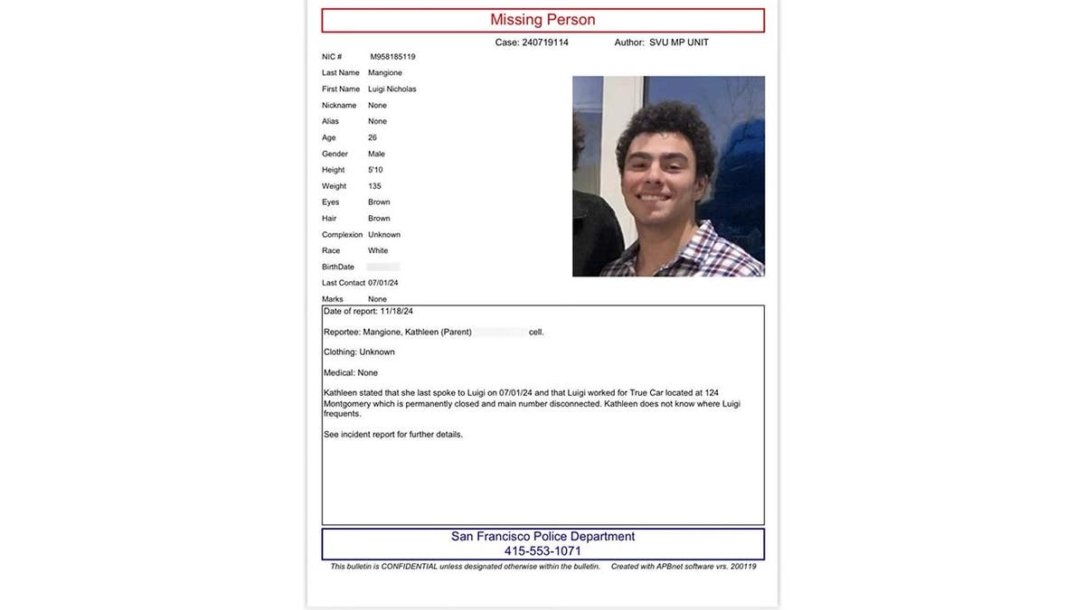 Missing Person flyer seeking information on Luigi Mangione in San Francisco