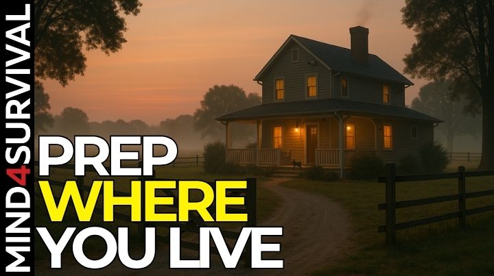 Rural farmhouse at dusk with visible perimeter security features, symbolizing the importance of rural preparedness.