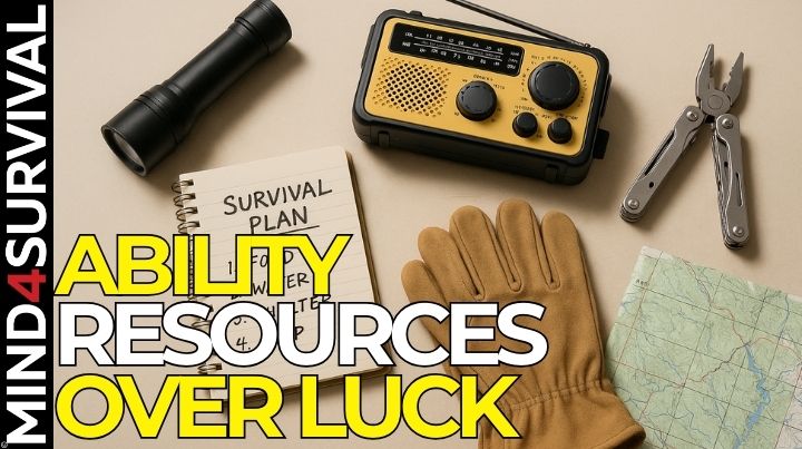 Practical preparedness tools laid out for crisis readiness—emergency radio, map, flashlight, notebook