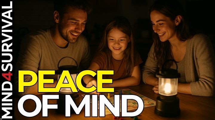 A family playing board games by lantern light during a power outage, showing calm and connection.