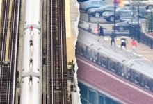 Drone surveillance catches kids in dangerous high-speed stunt atop moving subway train in New York City