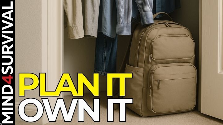 Neutral backpack for emergency use hidden in a typical home closet.