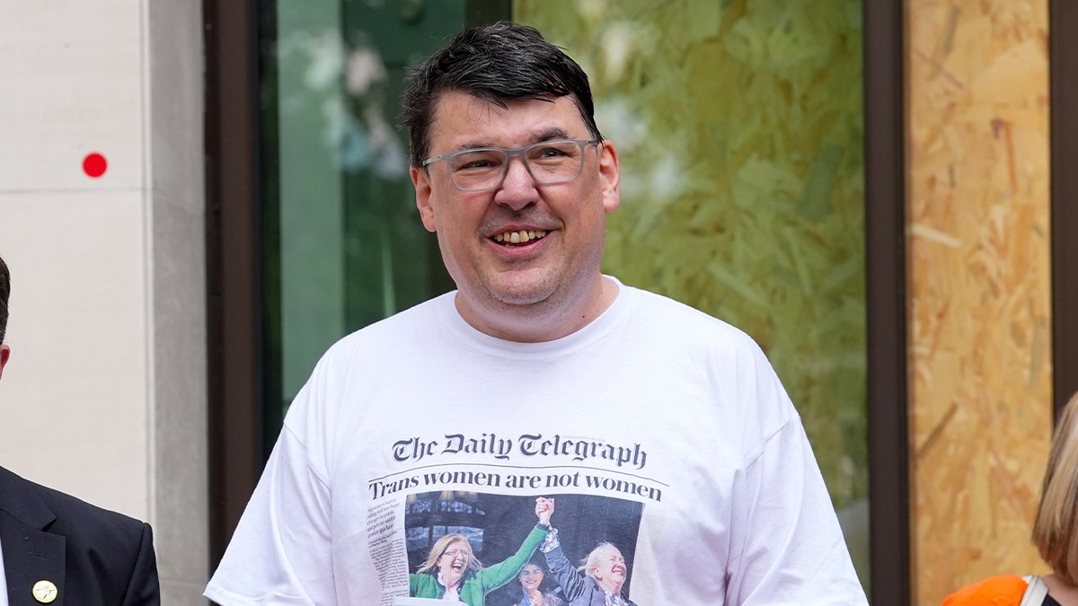 Former comedy writer Graham Linehan wears "Trans Women are not Women" shirt