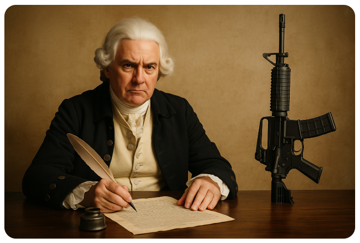 Drafting liberty—with a quill in one hand and an AR-15 standing by.