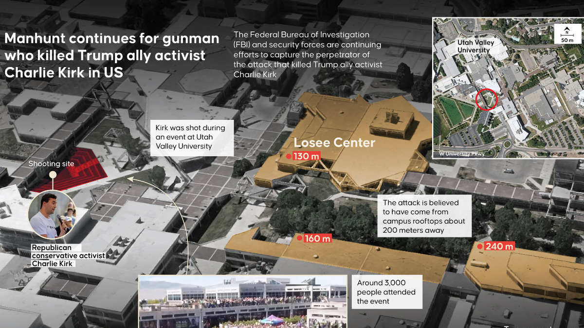 An infographic showing multiple points of interest following the assassination of Charlie Kirk at Utah Valley University