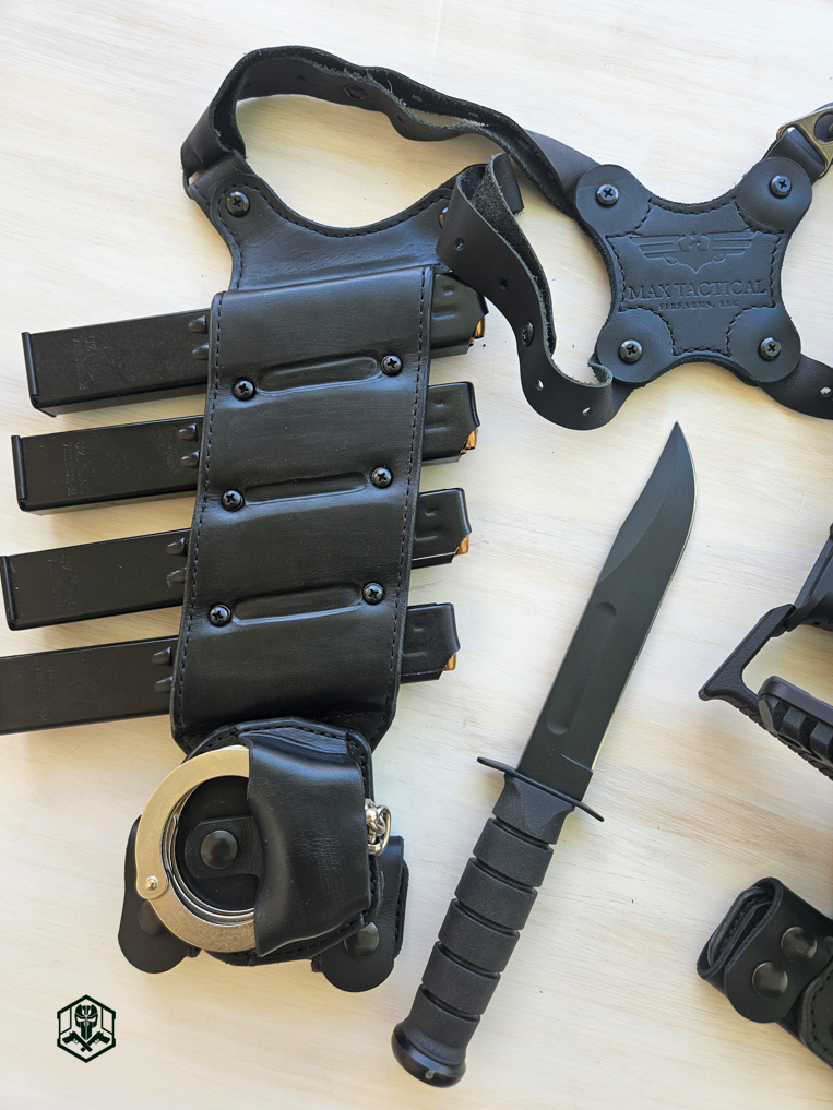 Max Tactical Firearms shoulder holster rig featuring four spare magazines, a secure handcuff pouch, and a tactical combat knife—ready for real-world deployment.