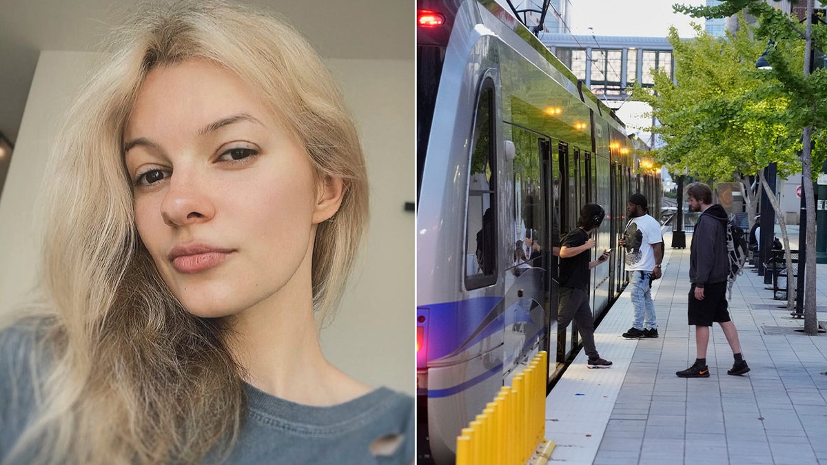 Iryna Zarutska pictured on the left half of a split image, wearing a gray sweater with blonde hair over one shoulder. The right side shows a file photo of the Charlotte light rail