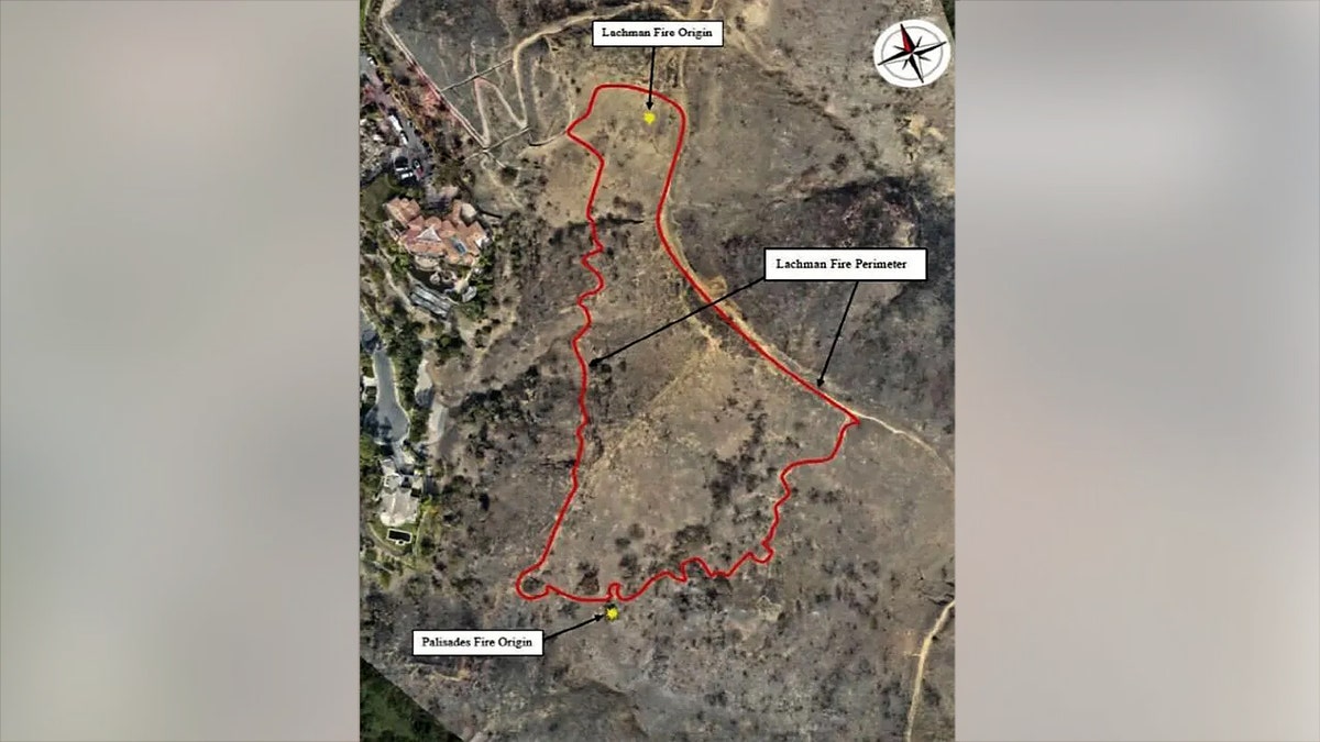 A map where the Palisades and Lachman fires originated in California