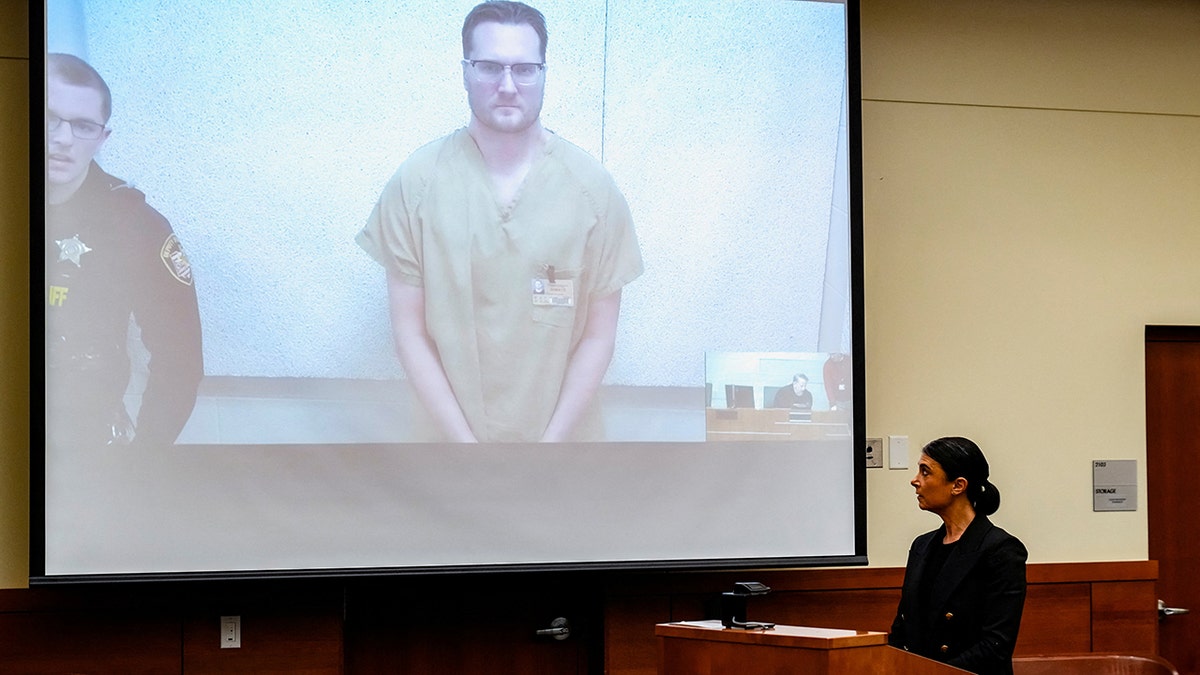 Diane Menashe standing in a courtroom while Michael McKee appears on a television screen.