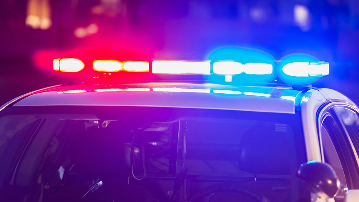 roof of a police patrol car at night with the blue and red lights flashing.