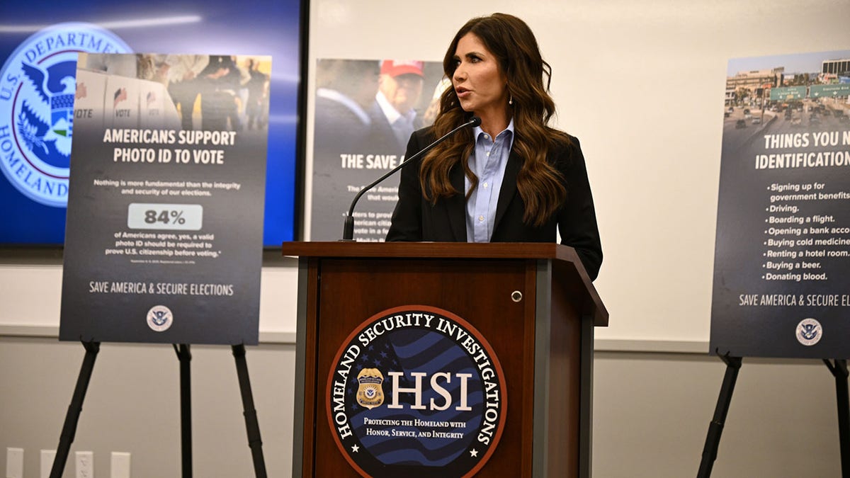 Homeland Security Secretary Kristi Noem at a press conference in Arizona