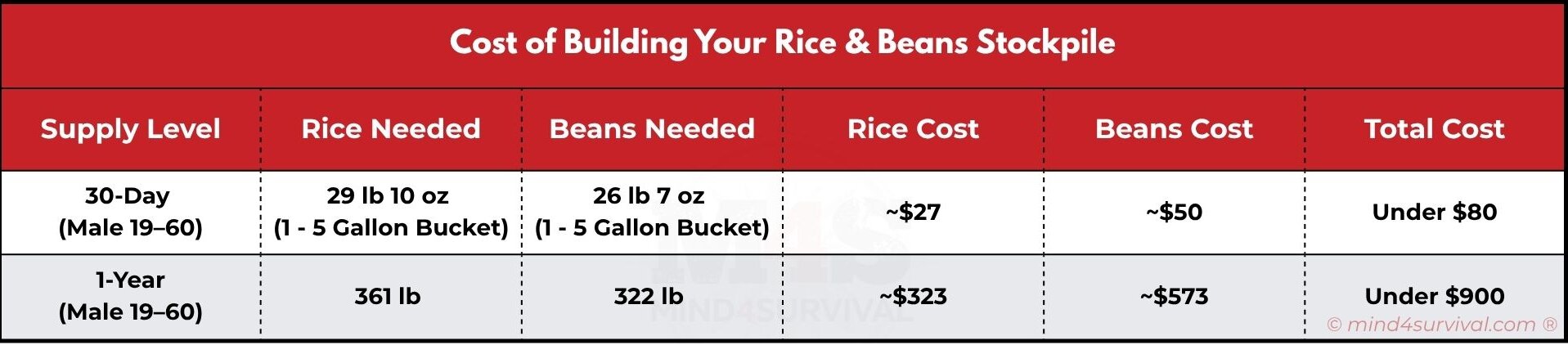 Cost comparison table for 30-day and 1-year rice and beans supplies for an active adult male.